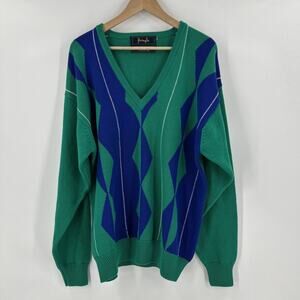 Vintage Pringle Sweater Mens Size L Argyle Green Blue Cotton Hong Kong 1980s